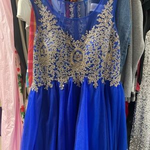 Royal Blue and Gold Embellished Prom Dress